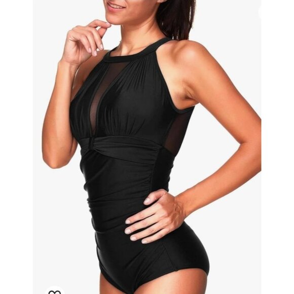 Womens Elegant Halter-Style Black Mesh One-Piece Swimsuit Size L Beach Vacation - Picture 4 of 10